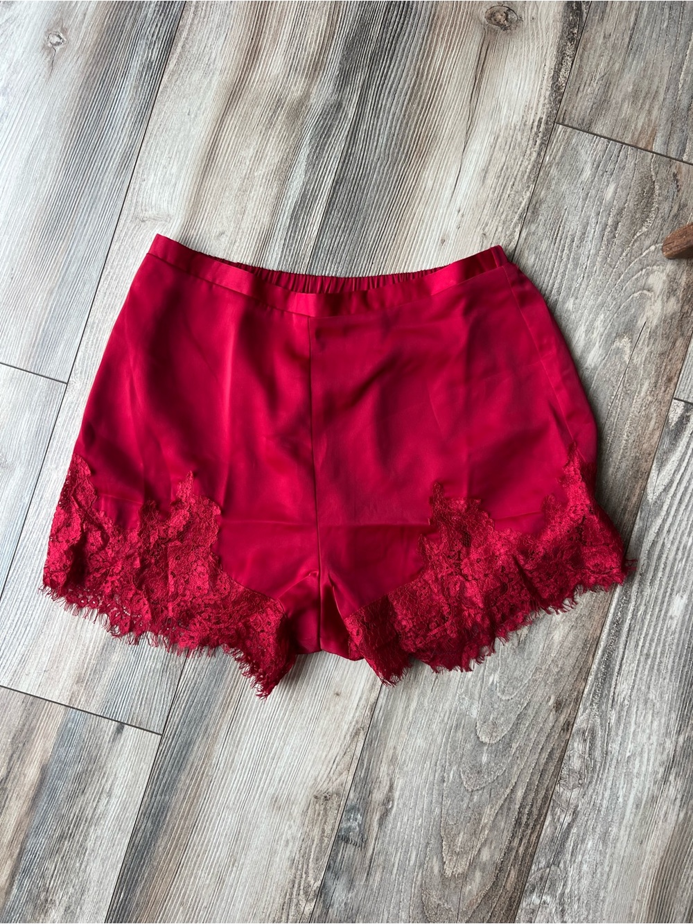 TCEC Red Lace Trim Satin Shorts - Picture 3 of 10